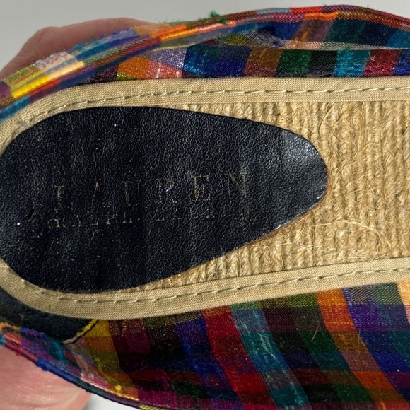 Ralph Lauren Espadrille Wedge Silk Shantung Plaid Peep Toe Sandals Womens Size 9 - Picture 5 of 12